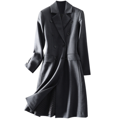 灰色羊毛毛呢中长款大衣外套