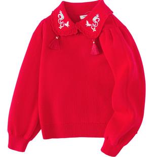 巴拉巴拉童装女童国风套装新中式红毛衣马面裙毛衫2025春秋装纯棉