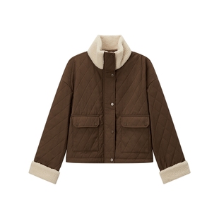 森马外套女菱形格仿羊羔毛立领复古2024新款冬季夹棉夹克