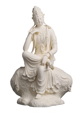 戴玉堂 李光涌陶瓷摆件《坐岩思维观音 黄素烧》家用佛像供奉菩萨