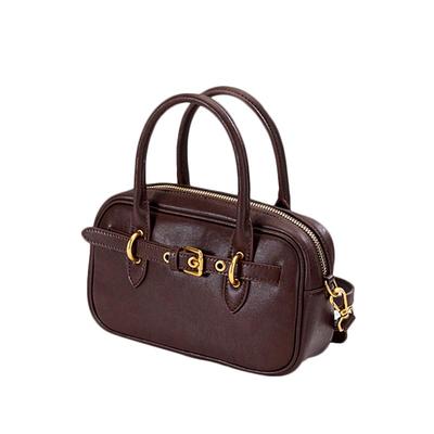 真皮牛皮保龄球包复古通勤手提单肩斜挎波士顿包高级感小方包女