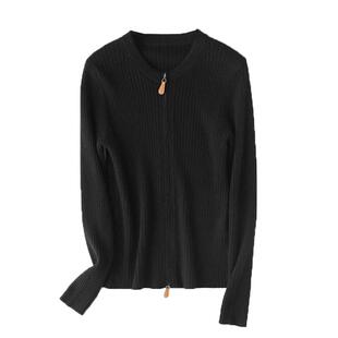 100%山羊绒双头拉链针织开衫经典高阶坑条修身显瘦圆领毛衣秋冬女