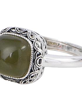 新中式925银方形唐纹草碧玉戒指