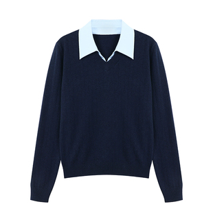 Maven Lin 精致通勤 羊毛长袖针织衫女假两件撞色叠穿POLO领上衣