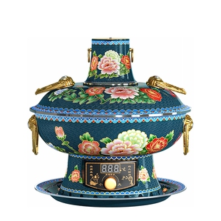 景泰蓝电铜火锅纯铜老式北京插电碳两用铜锅火锅家用木炭鸳鸯铜锅