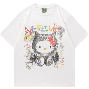 万有引力博物馆手绘KT猫印花短袖T恤女夏季2025新款宽松半袖上衣