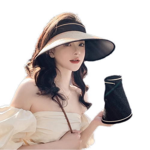 大帽檐夏季防紫外线空顶防晒帽女太阳帽子遮阳草帽遮脸可折叠草编