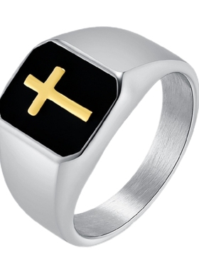 北欧极简男钛钢方印章十字架戒指