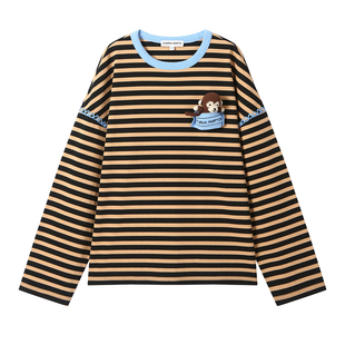 ANDREA MARTIN2026春季新款复古条纹钩针小猪小猴宽松休闲百搭T恤