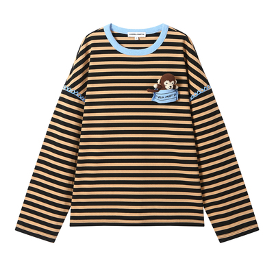 ANDREA MARTIN2026春季新款复古条纹钩针小猪小猴宽松休闲百搭T恤