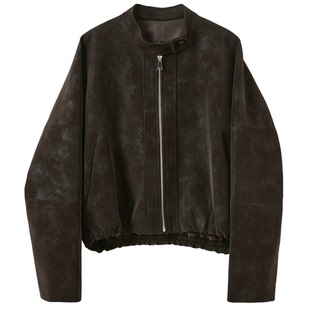 三彩2026春季新款绒感仿麂皮PU长袖外套夹克开衫短款宽松休闲M