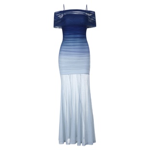 小可wiwi蓝色渐变色一字肩连衣裙女夏季抹胸型网纱透视高个子长裙