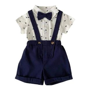 婴儿夏季衣服满月百日宴周岁礼服男宝宝背带裤绅士衬衫包屁衣套装