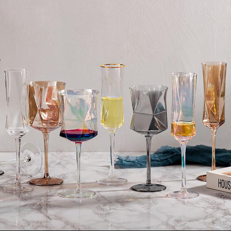 新品 几何红酒杯欧式玻璃香槟杯高脚杯家用炫彩琥珀烟灰玻璃葡萄