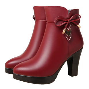 秋冬季加绒真皮靴子女冬季新款2025高跟短靴女保暖防滑女士棉靴女