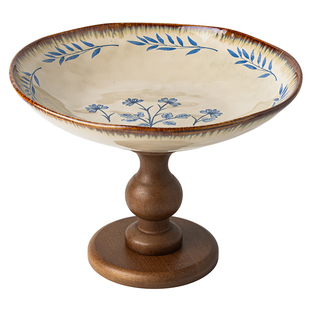 悠瓷 古风木质高脚果盘客厅家用陶瓷水果盘零食盘托盘轻奢干果盘