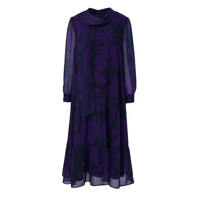 BCBG春秋女装时尚优雅简约精致印花飘带领气质长袖连衣裙长款紫色