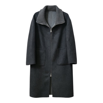 翻领长款羊绒大衣休闲拉链羊毛外套黛思陆秋冬新款