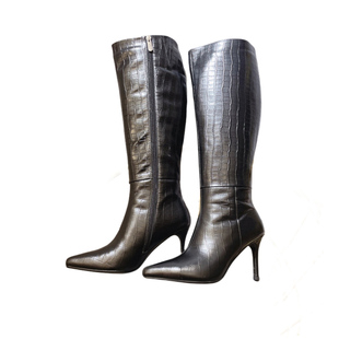 2025秋冬新品尖头细跟牛皮压花石头纹真皮高筒靴长靴显腿瘦女靴子