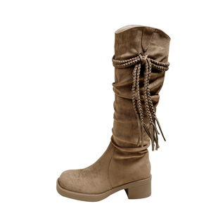 真皮复古骑士靴子粗跟长靴大筒围加宽长筒靴女2025新款显瘦堆堆靴