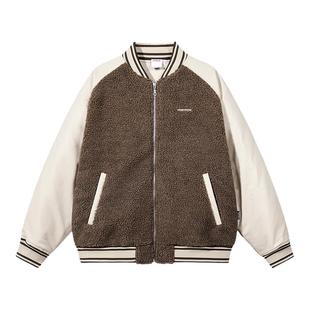 Coca-Cola可口可乐 羊羔绒荔枝皮撞色拼接贴皮棒球棉服 男女同款