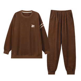 半边绒青少年男款睡衣秋冬季珊瑚绒加绒加厚保暖套头家居服套装