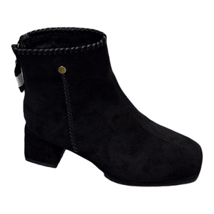 店主推荐~复古绒面粗跟瘦瘦靴女2025冬新款气质方头加绒时装短靴