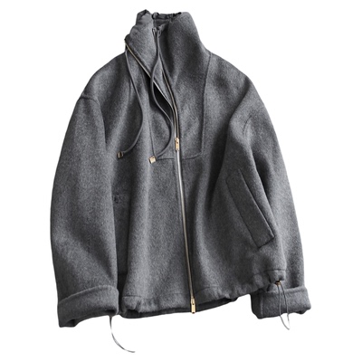 抽绳高立领双面呢宽松羊毛大衣女