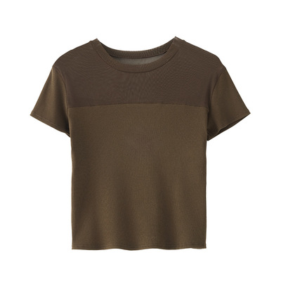 夏季网纱拼接修身短袖女T恤