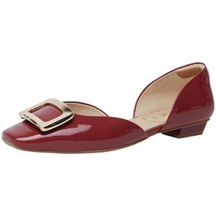 商场同款百田森包头法式单鞋新款凉鞋不露脚趾漆皮红色鞋子