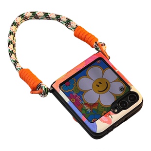 适用三星GalaxyZFlip6手机壳新款fe折叠屏铰链全包zflip5彩色花朵保护壳三星zflip7带手提斜跨防摔创意可爱