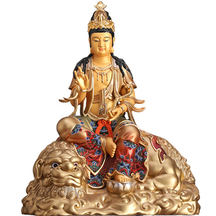 台湾纯铜文殊菩萨佛像普贤菩萨手工彩绘华严三圣家用供奉佛像摆件