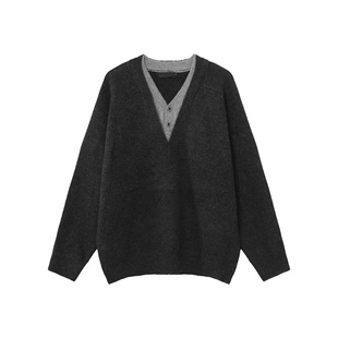 美式复古假两件V领毛衣男秋冬季套头宽松长袖针织衫上衣痞帅外套
