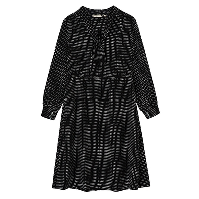 布景连衣裙女春季新品简约长袖领口系带波点设计中长款裙子1630