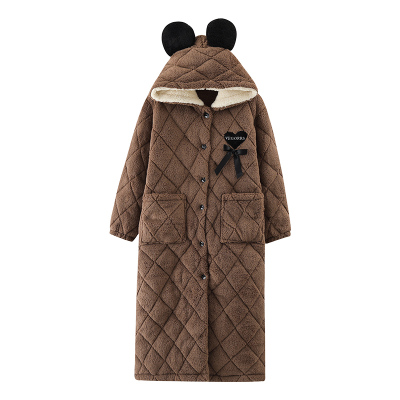 冬季女士加厚珊瑚绒夹棉袄睡袍