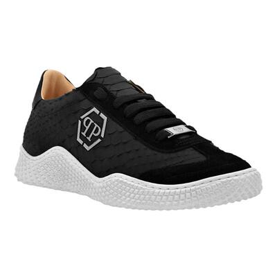 PhilippPlein男鞋黑色蟒蛇皮鞋面白色橡胶厚底轻便奢华运动鞋