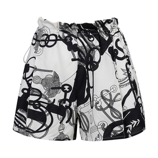 Bettychow H链条黑白真丝宽松抽绳花苞短裤复古时髦显瘦通勤a字裤