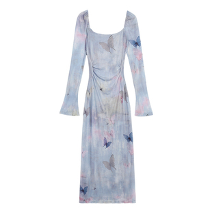 MULVAN【现货7折】 长袖印花连衣裙女秋新款收腰显瘦高级感长裙