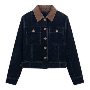 ECHOADE经典时髦 正肩版型利落猎装风植绒工艺短款牛仔夹克外套