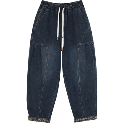 松紧腰系带加绒牛仔裤女九分裤