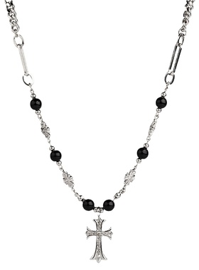 不掉色十字花黑珠拼接钛钢项链