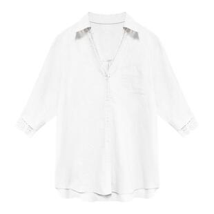 贰羊设计【今纾】高级感白色苎麻棉衬衫女夏蕾丝v领防晒气质上衣