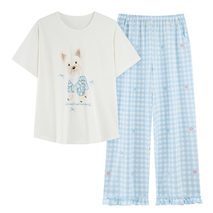 浪莎带胸垫睡衣女款纯棉100%全棉夏季短袖长裤薄款套头家居服套装