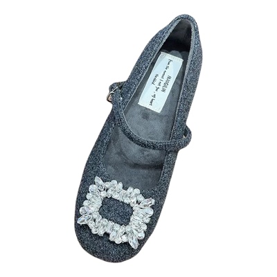 十三行女鞋实拍小香风黑色方扣水钻加绒玛丽珍鞋冬季粗跟毛绒通勤