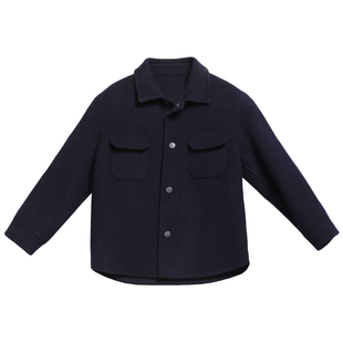 男童女童全羊毛双面呢大衣时尚新款衬衫式毛呢外套手工缝制亲子款