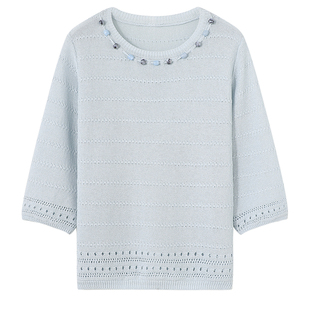 YBAI/亦白 2026春季新款时尚简约七分袖套头串珠镂空针织衫上衣女