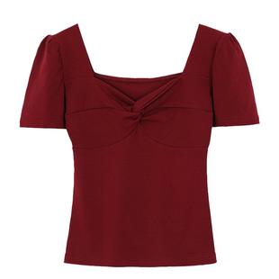 性感露锁骨方领上衣女夏季法式小心机设计感显胸露背紧身短袖T恤