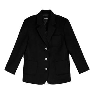 pusumede【现货7.5折】黑色毛呢西装外套女气质复古宽松西服上衣