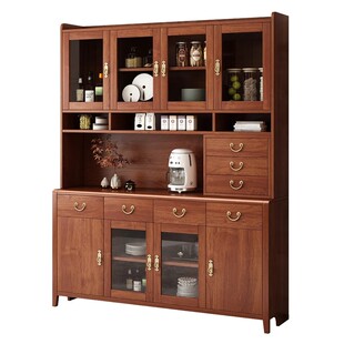 希木森新中式餐边柜一体靠墙茶水柜实木框架高低柜靠墙储物柜碗柜