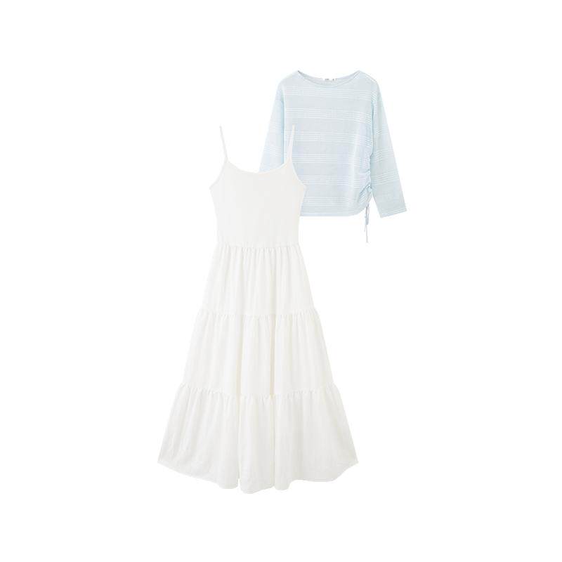 三福连衣裙套装2026新款春季抽绳收腰吊带裙罩衫两件套女装519761